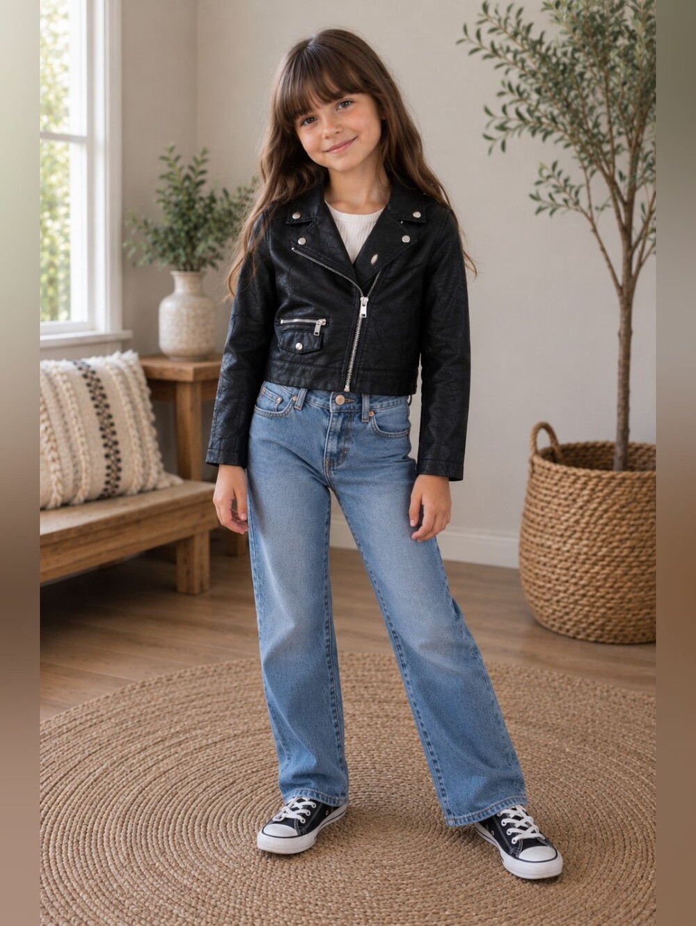 H&M Girls Black Faux Leather Moto Jacket Size 6-8Y Rockstar Bikercore